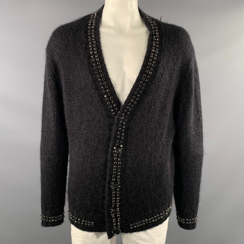 AMIRI Size L Black Silver Embellishment Mohair Blend Button Up Cardigan